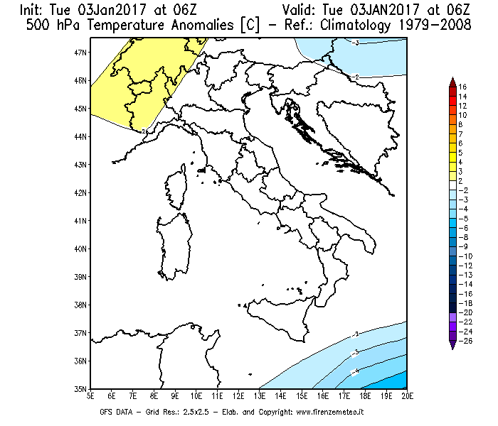 Mappa di analisi GFS - Anomalia Temperatura [°C] a 500 hPa in Italia
							del 03/01/2017 06 <!--googleoff: index-->UTC<!--googleon: index-->