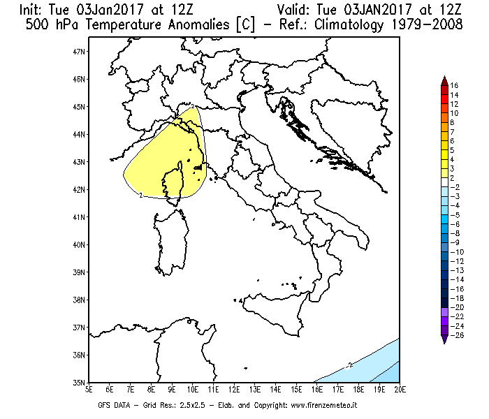 Mappa di analisi GFS - Anomalia Temperatura [°C] a 500 hPa in Italia
							del 03/01/2017 12 <!--googleoff: index-->UTC<!--googleon: index-->