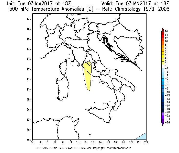 Mappa di analisi GFS - Anomalia Temperatura [°C] a 500 hPa in Italia
							del 03/01/2017 18 <!--googleoff: index-->UTC<!--googleon: index-->
