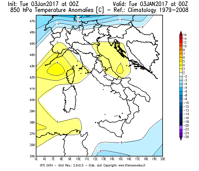 Mappa di analisi GFS - Anomalia Temperatura [°C] a 850 hPa in Italia
							del 03/01/2017 00 <!--googleoff: index-->UTC<!--googleon: index-->