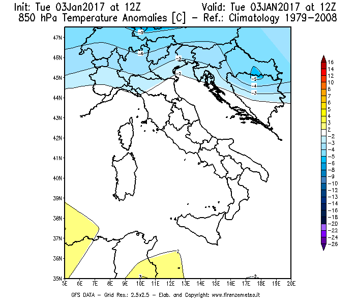 Mappa di analisi GFS - Anomalia Temperatura [°C] a 850 hPa in Italia
									del 03/01/2017 12 <!--googleoff: index-->UTC<!--googleon: index-->