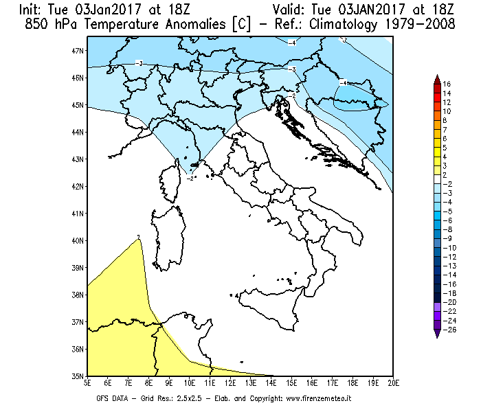 Mappa di analisi GFS - Anomalia Temperatura [°C] a 850 hPa in Italia
									del 03/01/2017 18 <!--googleoff: index-->UTC<!--googleon: index-->