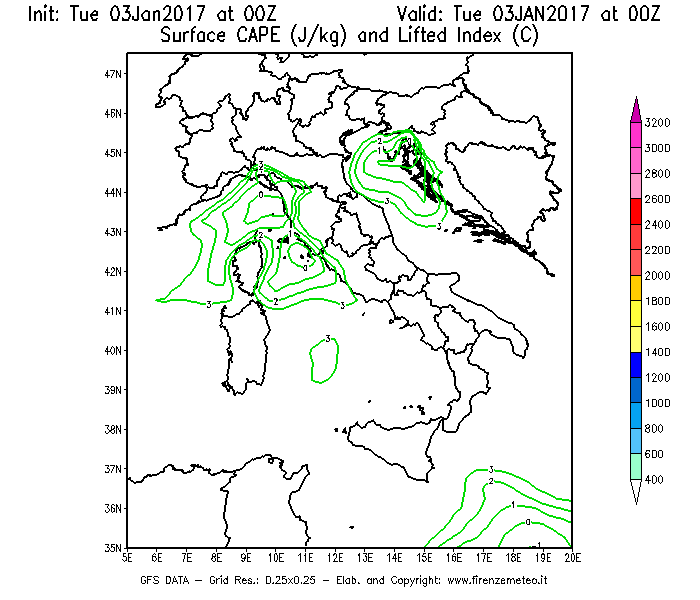 Mappa di analisi GFS - CAPE [J/kg] e Lifted Index [°C] in Italia
									del 03/01/2017 00 <!--googleoff: index-->UTC<!--googleon: index-->