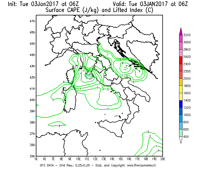 Mappa di analisi GFS - CAPE [J/kg] e Lifted Index [°C] in Italia
									del 03/01/2017 06 <!--googleoff: index-->UTC<!--googleon: index-->