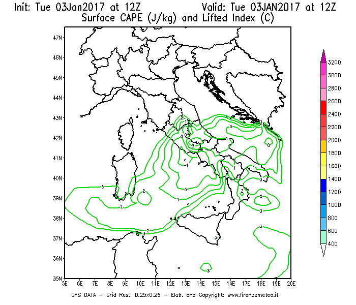 Mappa di analisi GFS - CAPE [J/kg] e Lifted Index [°C] in Italia
									del 03/01/2017 12 <!--googleoff: index-->UTC<!--googleon: index-->