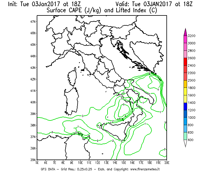 Mappa di analisi GFS - CAPE [J/kg] e Lifted Index [°C] in Italia
							del 03/01/2017 18 <!--googleoff: index-->UTC<!--googleon: index-->