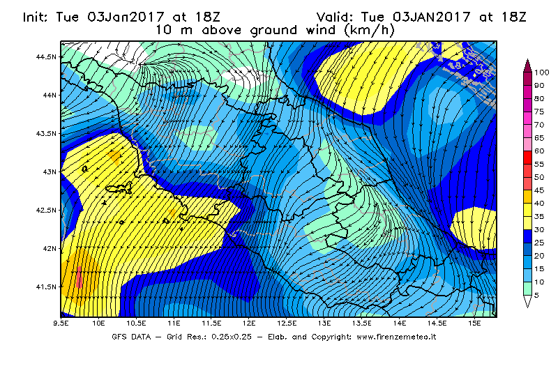 Mappa di analisi GFS - Velocità del vento a 10 metri dal suolo [km/h] in Centro-Italia
							del 03/01/2017 18 <!--googleoff: index-->UTC<!--googleon: index-->