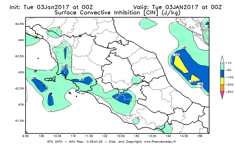 Mappa di analisi GFS - CIN [J/kg] in Centro-Italia
									del 03/01/2017 00 <!--googleoff: index-->UTC<!--googleon: index-->