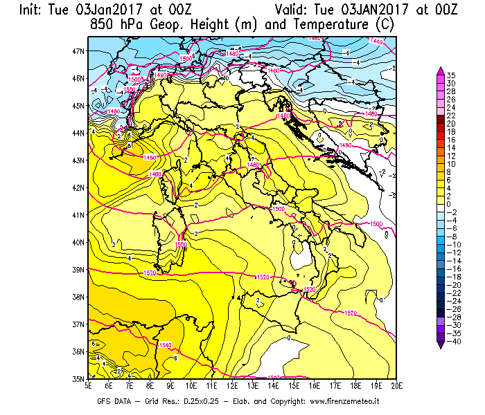Mappa di analisi GFS - Geopotenziale [m] e Temperatura [°C] a 850 hPa in Italia
									del 03/01/2017 00 <!--googleoff: index-->UTC<!--googleon: index-->