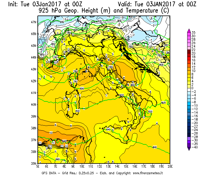 Mappa di analisi GFS - Geopotenziale [m] e Temperatura [°C] a 925 hPa in Italia
							del 03/01/2017 00 <!--googleoff: index-->UTC<!--googleon: index-->