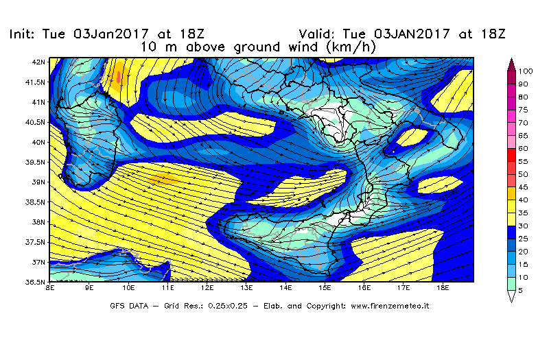 Mappa di analisi GFS - Velocità del vento a 10 metri dal suolo [km/h] in Sud-Italia
							del 03/01/2017 18 <!--googleoff: index-->UTC<!--googleon: index-->