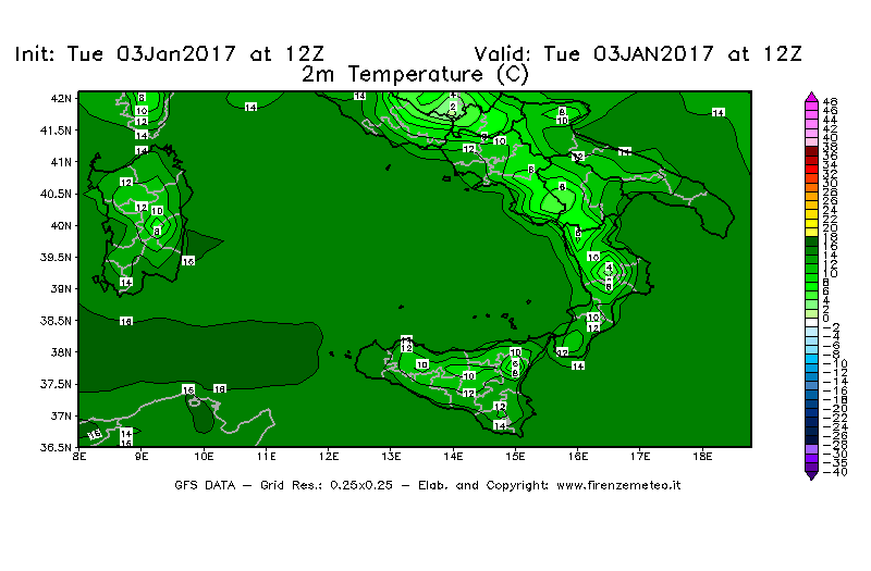 Mappa di analisi GFS - Temperatura a 2 metri dal suolo [°C] in Sud-Italia
							del 03/01/2017 12 <!--googleoff: index-->UTC<!--googleon: index-->