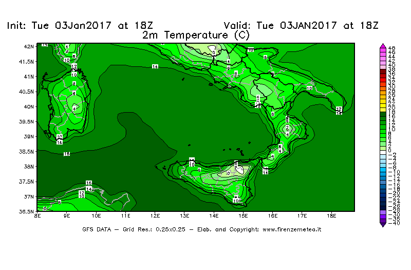 Mappa di analisi GFS - Temperatura a 2 metri dal suolo [°C] in Sud-Italia
							del 03/01/2017 18 <!--googleoff: index-->UTC<!--googleon: index-->