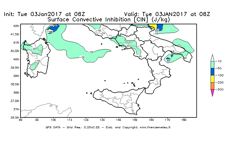 Mappa di analisi GFS - CIN [J/kg] in Sud-Italia
							del 03/01/2017 06 <!--googleoff: index-->UTC<!--googleon: index-->