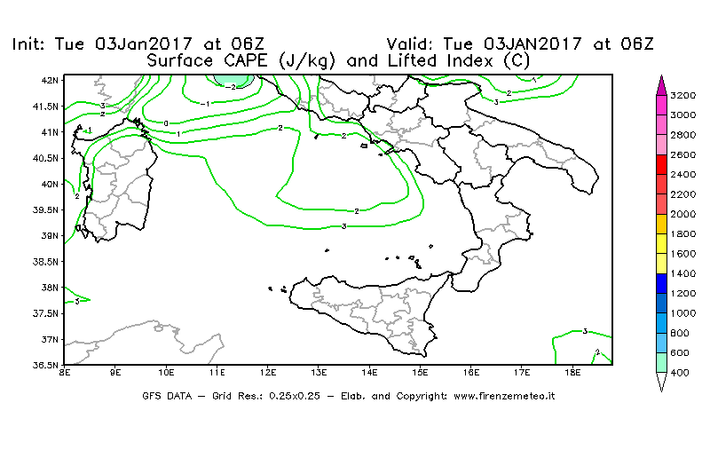 Mappa di analisi GFS - CAPE [J/kg] e Lifted Index [°C] in Sud-Italia
							del 03/01/2017 06 <!--googleoff: index-->UTC<!--googleon: index-->