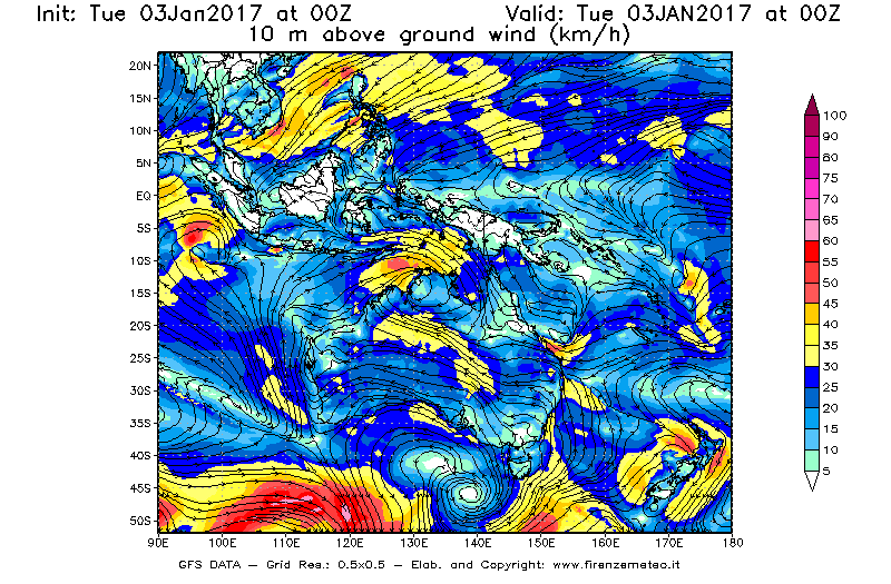 Mappa di analisi GFS - Velocità del vento a 10 metri dal suolo [km/h] in Oceania
									del 03/01/2017 00 <!--googleoff: index-->UTC<!--googleon: index-->