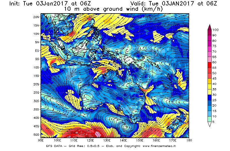 Mappa di analisi GFS - Velocità del vento a 10 metri dal suolo [km/h] in Oceania
									del 03/01/2017 06 <!--googleoff: index-->UTC<!--googleon: index-->