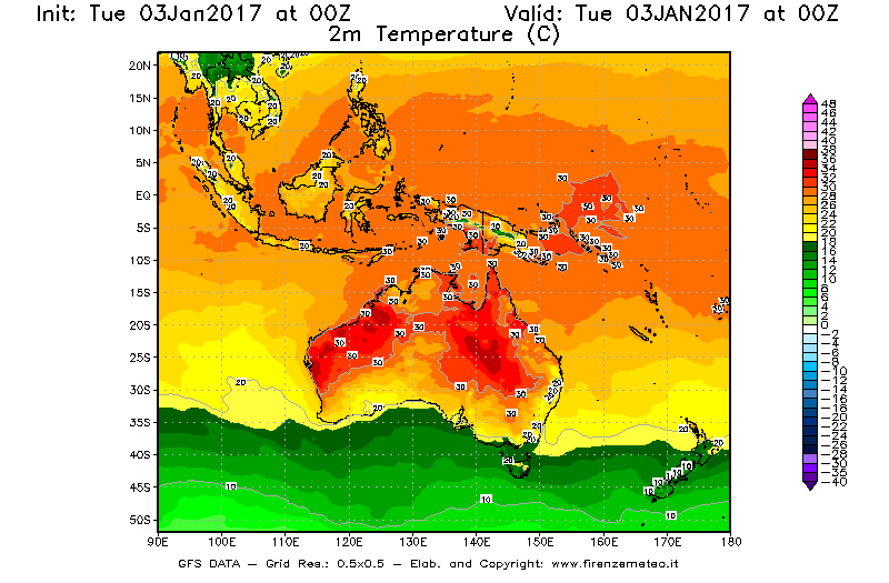 Mappa di analisi GFS - Temperatura a 2 metri dal suolo [°C] in Oceania
							del 03/01/2017 00 <!--googleoff: index-->UTC<!--googleon: index-->