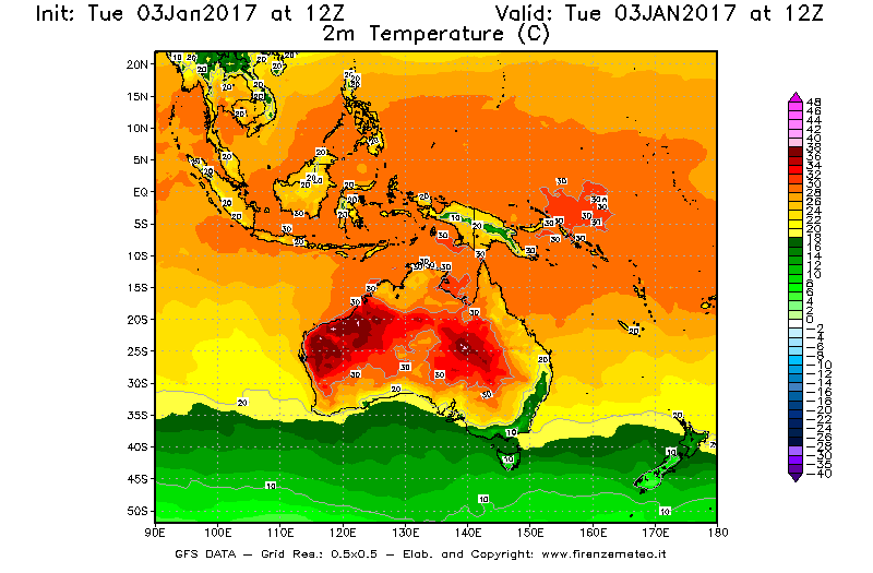 Mappa di analisi GFS - Temperatura a 2 metri dal suolo [°C] in Oceania
							del 03/01/2017 12 <!--googleoff: index-->UTC<!--googleon: index-->
