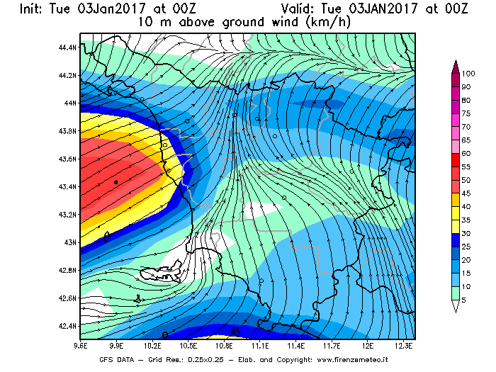 Mappa di analisi GFS - Velocità del vento a 10 metri dal suolo [km/h] in Toscana
							del 03/01/2017 00 <!--googleoff: index-->UTC<!--googleon: index-->