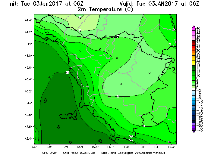 Mappa di analisi GFS - Temperatura a 2 metri dal suolo [°C] in Toscana
									del 03/01/2017 06 <!--googleoff: index-->UTC<!--googleon: index-->