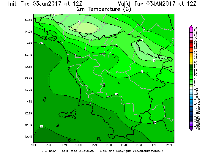 Mappa di analisi GFS - Temperatura a 2 metri dal suolo [°C] in Toscana
							del 03/01/2017 12 <!--googleoff: index-->UTC<!--googleon: index-->