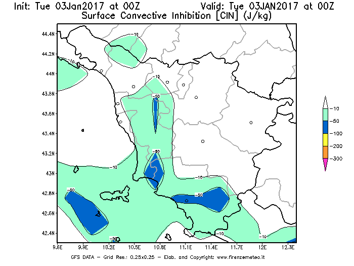 Mappa di analisi GFS - CIN [J/kg] in Toscana
									del 03/01/2017 00 <!--googleoff: index-->UTC<!--googleon: index-->