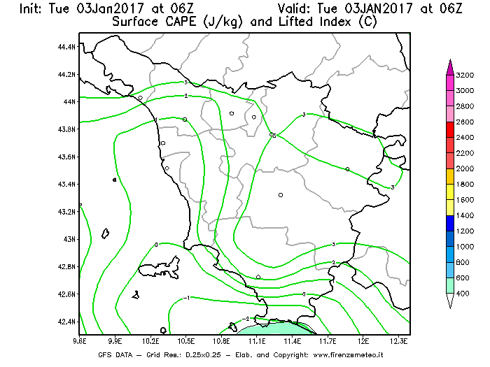Mappa di analisi GFS - CAPE [J/kg] e Lifted Index [°C] in Toscana
							del 03/01/2017 06 <!--googleoff: index-->UTC<!--googleon: index-->