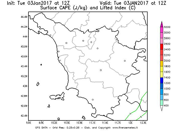 Mappa di analisi GFS - CAPE [J/kg] e Lifted Index [°C] in Toscana
									del 03/01/2017 12 <!--googleoff: index-->UTC<!--googleon: index-->