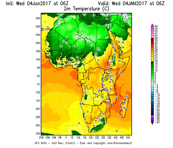 Mappa di analisi GFS - Temperatura a 2 metri dal suolo [°C] in Africa
							del 04/01/2017 06 <!--googleoff: index-->UTC<!--googleon: index-->