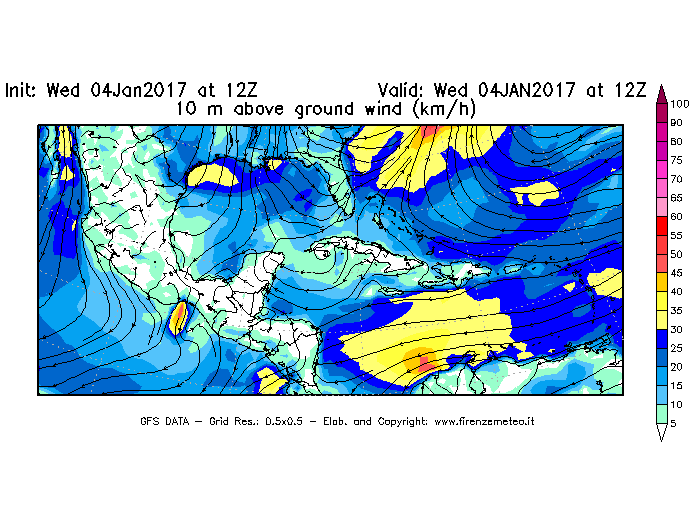 Mappa di analisi GFS - Velocità del vento a 10 metri dal suolo [km/h] in Centro-America
									del 04/01/2017 12 <!--googleoff: index-->UTC<!--googleon: index-->