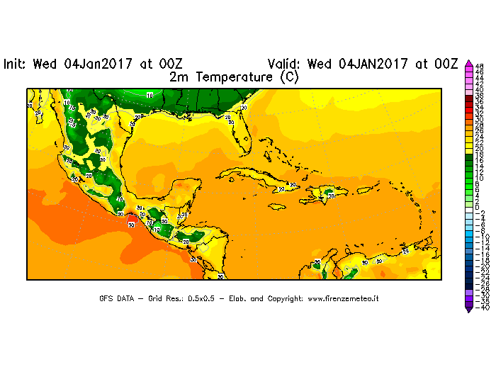 Mappa di analisi GFS - Temperatura a 2 metri dal suolo [°C] in Centro-America
									del 04/01/2017 00 <!--googleoff: index-->UTC<!--googleon: index-->