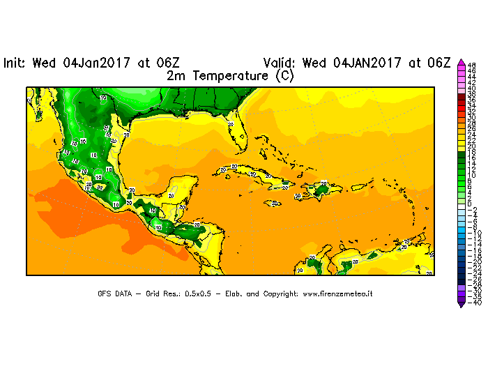 Mappa di analisi GFS - Temperatura a 2 metri dal suolo [°C] in Centro-America
							del 04/01/2017 06 <!--googleoff: index-->UTC<!--googleon: index-->