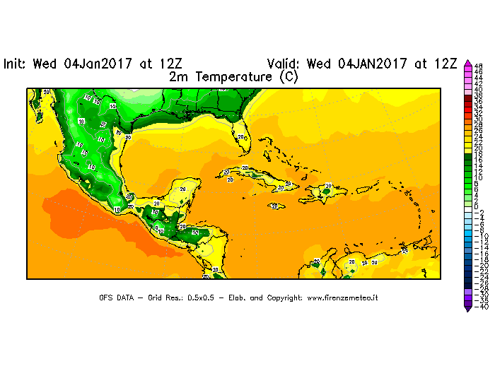 Mappa di analisi GFS - Temperatura a 2 metri dal suolo [°C] in Centro-America
							del 04/01/2017 12 <!--googleoff: index-->UTC<!--googleon: index-->