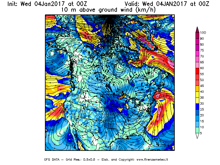 Mappa di analisi GFS - Velocità del vento a 10 metri dal suolo [km/h] in Nord-America
									del 04/01/2017 00 <!--googleoff: index-->UTC<!--googleon: index-->