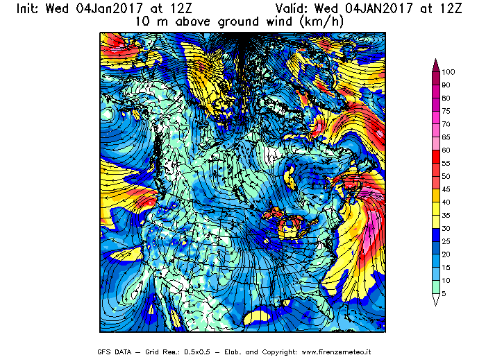 Mappa di analisi GFS - Velocità del vento a 10 metri dal suolo [km/h] in Nord-America
							del 04/01/2017 12 <!--googleoff: index-->UTC<!--googleon: index-->