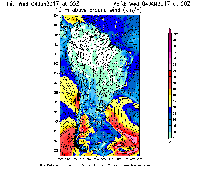 Mappa di analisi GFS - Velocità del vento a 10 metri dal suolo [km/h] in Sud-America
							del 04/01/2017 00 <!--googleoff: index-->UTC<!--googleon: index-->