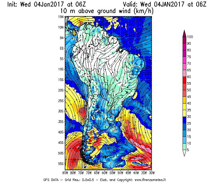 Mappa di analisi GFS - Velocità del vento a 10 metri dal suolo [km/h] in Sud-America
							del 04/01/2017 06 <!--googleoff: index-->UTC<!--googleon: index-->