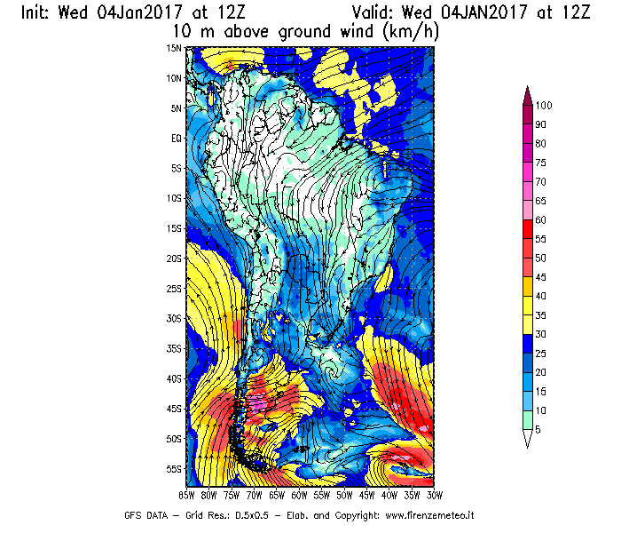 Mappa di analisi GFS - Velocità del vento a 10 metri dal suolo [km/h] in Sud-America
									del 04/01/2017 12 <!--googleoff: index-->UTC<!--googleon: index-->