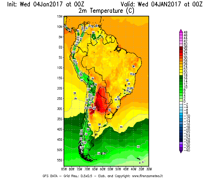 Mappa di analisi GFS - Temperatura a 2 metri dal suolo [°C] in Sud-America
									del 04/01/2017 00 <!--googleoff: index-->UTC<!--googleon: index-->