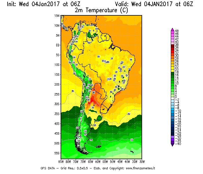 Mappa di analisi GFS - Temperatura a 2 metri dal suolo [°C] in Sud-America
							del 04/01/2017 06 <!--googleoff: index-->UTC<!--googleon: index-->