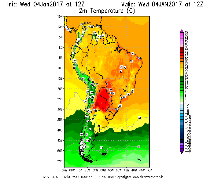 Mappa di analisi GFS - Temperatura a 2 metri dal suolo [°C] in Sud-America
							del 04/01/2017 12 <!--googleoff: index-->UTC<!--googleon: index-->