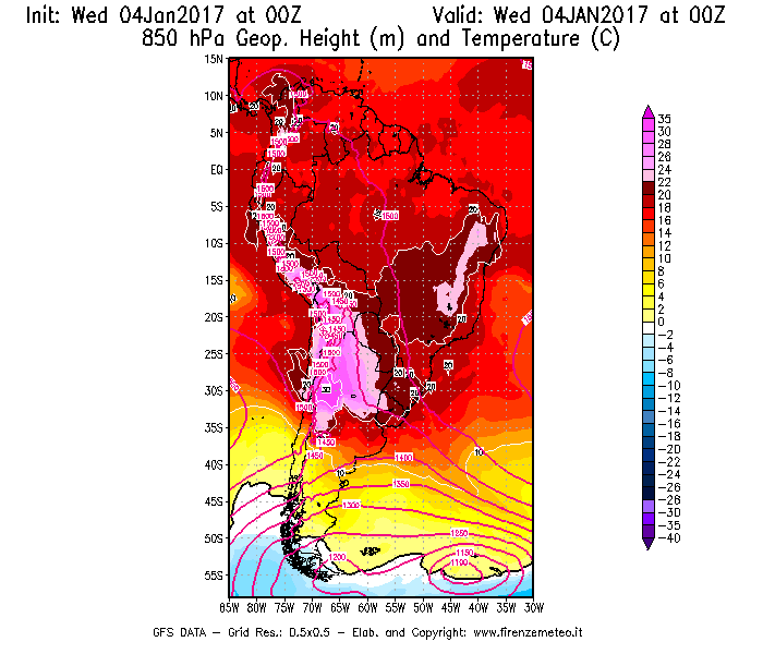 Mappa di analisi GFS - Geopotenziale [m] e Temperatura [°C] a 850 hPa in Sud-America
									del 04/01/2017 00 <!--googleoff: index-->UTC<!--googleon: index-->