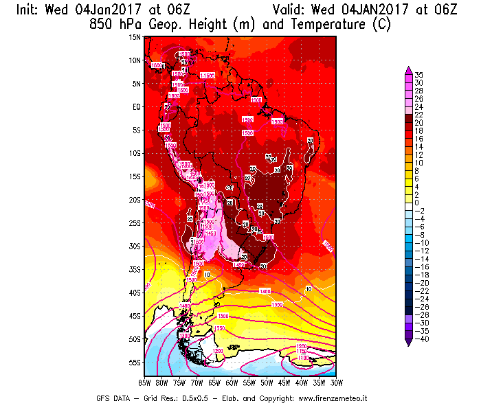 Mappa di analisi GFS - Geopotenziale [m] e Temperatura [°C] a 850 hPa in Sud-America
							del 04/01/2017 06 <!--googleoff: index-->UTC<!--googleon: index-->