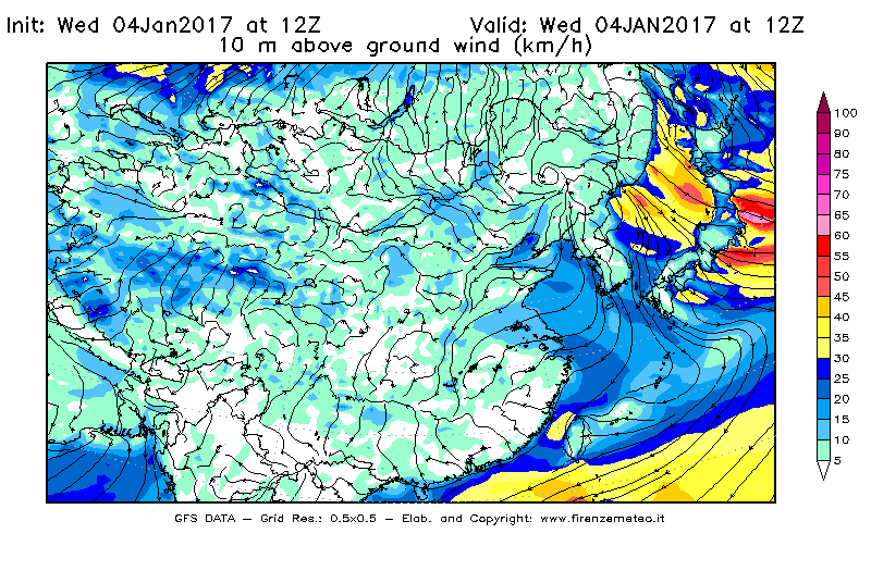 Mappa di analisi GFS - Velocità del vento a 10 metri dal suolo [km/h] in Asia Orientale
									del 04/01/2017 12 <!--googleoff: index-->UTC<!--googleon: index-->