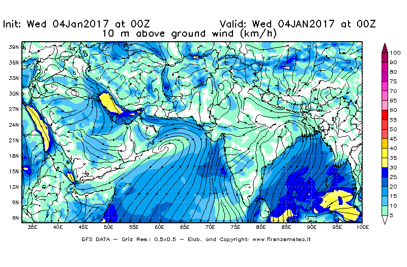 Mappa di analisi GFS - Velocità del vento a 10 metri dal suolo [km/h] in Asia Sud-Occidentale
							del 04/01/2017 00 <!--googleoff: index-->UTC<!--googleon: index-->