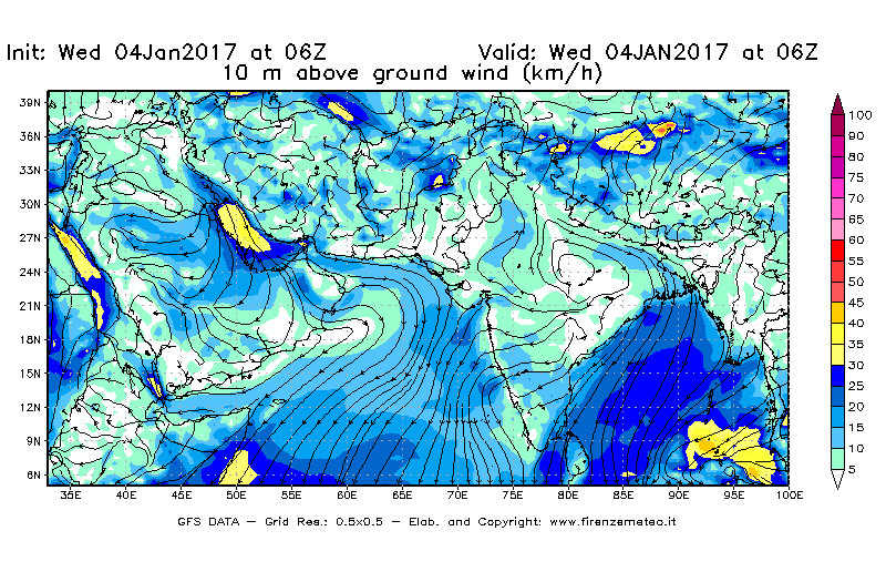 Mappa di analisi GFS - Velocità del vento a 10 metri dal suolo [km/h] in Asia Sud-Occidentale
									del 04/01/2017 06 <!--googleoff: index-->UTC<!--googleon: index-->