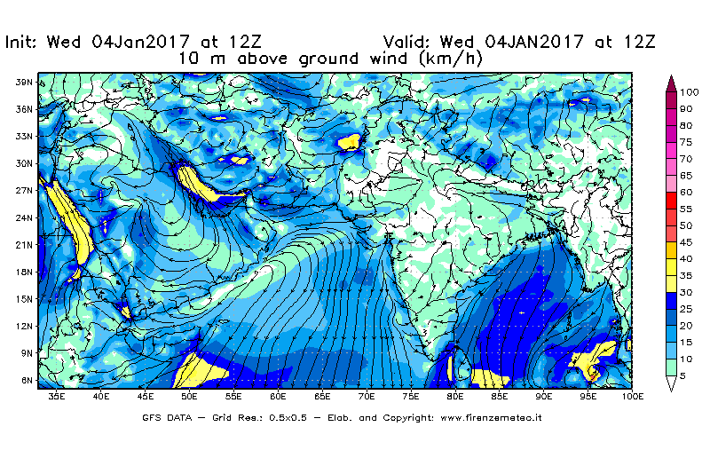 Mappa di analisi GFS - Velocità del vento a 10 metri dal suolo [km/h] in Asia Sud-Occidentale
									del 04/01/2017 12 <!--googleoff: index-->UTC<!--googleon: index-->