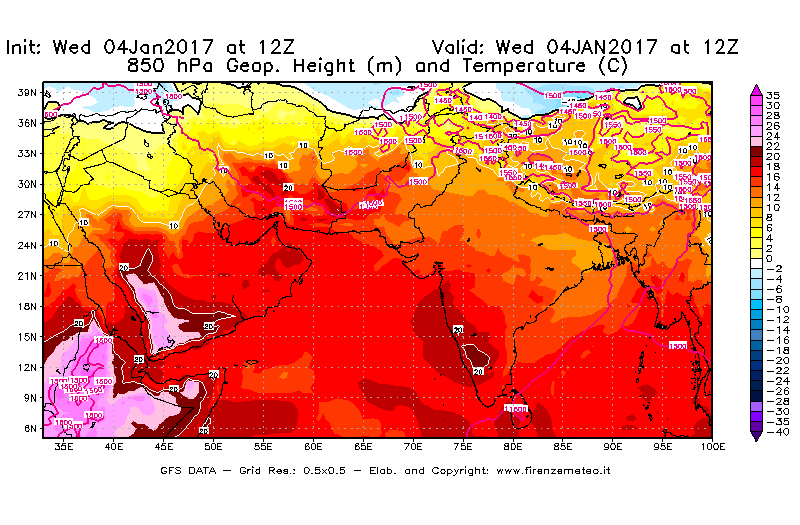 Mappa di analisi GFS - Geopotenziale [m] e Temperatura [°C] a 850 hPa in Asia Sud-Occidentale
									del 04/01/2017 12 <!--googleoff: index-->UTC<!--googleon: index-->
