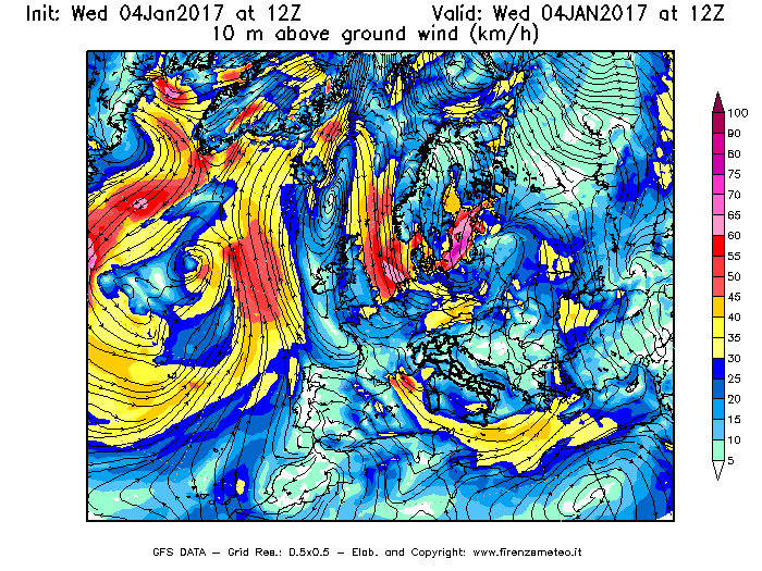 Mappa di analisi GFS - Velocità del vento a 10 metri dal suolo [km/h] in Europa
									del 04/01/2017 12 <!--googleoff: index-->UTC<!--googleon: index-->